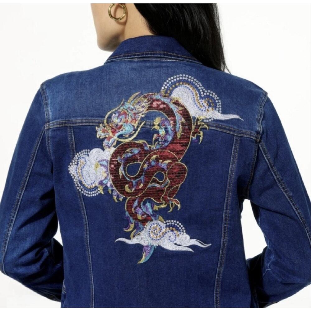 Women's DG2 Diane Gilman Denim Jacket Med Dragon Annivers Rhinestone Embroidered